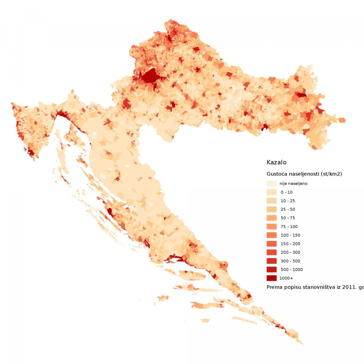 Mappa della densità della Croazia