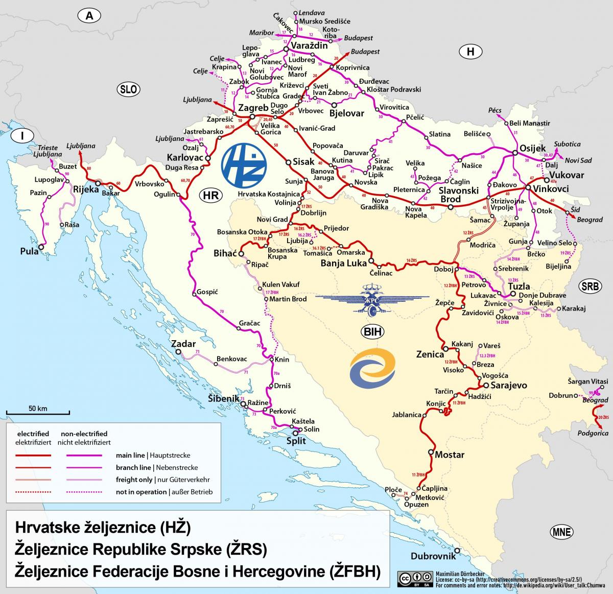 Mappa delle linee ferroviarie della Croazia
